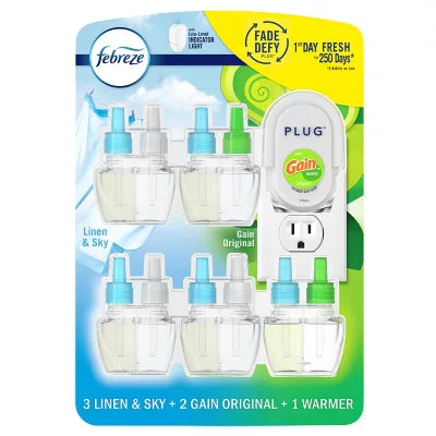 Febreze Fade Defy PLUG Air Freshener, Linen & Sky + Gain Original (1 Warmer + 5 Refills)