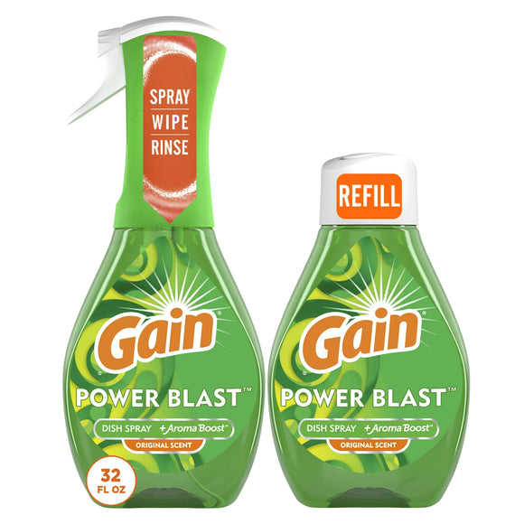 Gain Powerblast Dish Spray, Dish Soap, Original Scent, 1 Starter Kit Plus 1 Refill, 16.0 fl oz