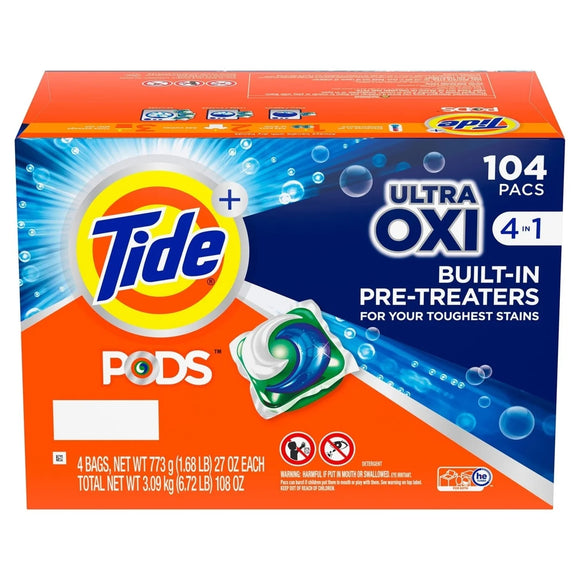 Tide PODS Liquid Detergent Pacs, 4-in-1 Ultra Oxi, 104 Ct.