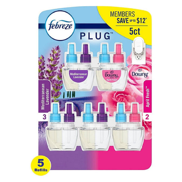 Febreze Odor-Fighting Fade Defy PLUG Air Freshener Refills, Mediterranean Lavender + Downy April Fresh (5 ct.)