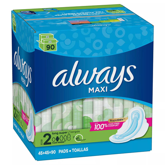 Always Maxi Long Super Pads with Wings (90 ct.)