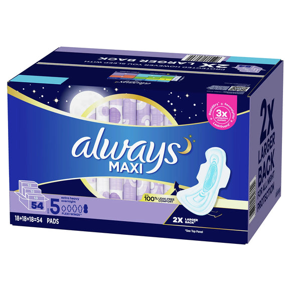 Always Maxi Pads Size 5 Overnight Absorbency Unscented with Wings (54 ct.)