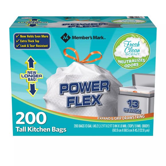 Member's Mark Power Flex Tall Kitchen Drawstring Trash Bags (13 Gallon, 2 Rolls of 100 ct., 200 count total)